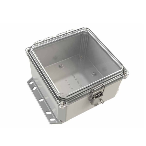 ESI PolyGuard Polycarbonate Flange Mount Hinged Enclosure with Latch Lock Clear Cover (10"x8"x4") - PC100804HCLB