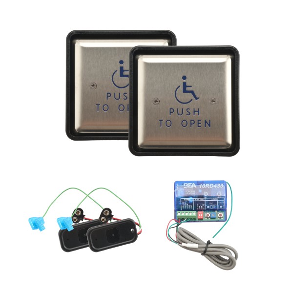 ADA Compliant BEA 4.5" Square Push Plate Kit 433 MHz Wireless (2 Plates, 2 Transmitters, 1 Receiver) - PUSH-PLATE-45S-433