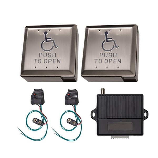 ADA 4" 300/310 Mhz Square Exit Handicap Logo Pust to Open Button Stainless Steel - Complete Wireless Kit
