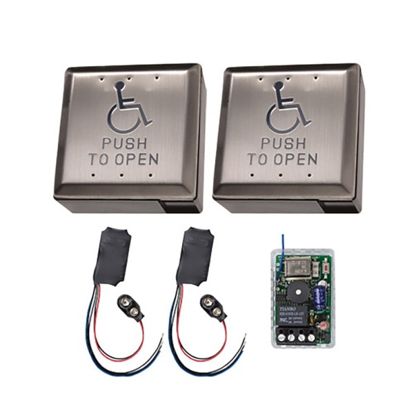ADA 433Mhz 4" Square Two Exit Handicap Logo Pust to Open Button Stainless Steel - Complete Wireless Kit 