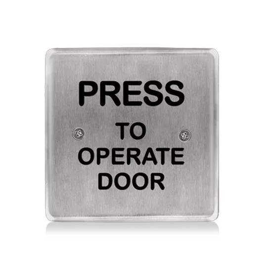 BEA Stainless Steel Push Plate , 4.5" Square Text, Press To Operate Door