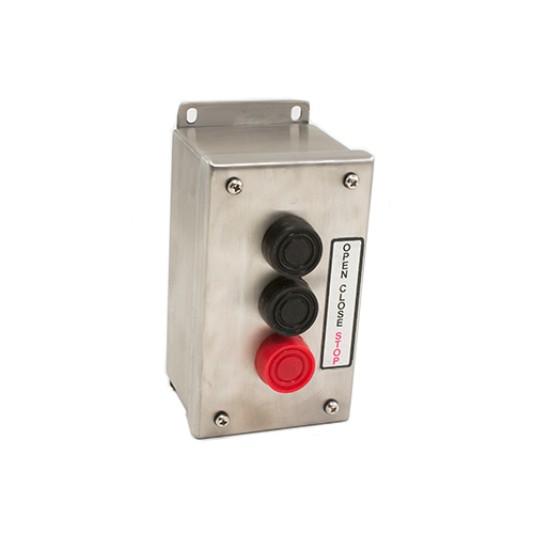 Three Button Exterior Surface Mounted Corrosive Resistant Open-Close-Stop Control Station (NEMA 4X - 6 amp @ 125/250V AC) Stainless Steel - MMTC 3B4X-SS