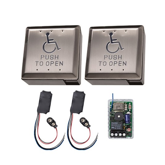 ADA 433Mhz 4" Square Two Exit Handicap Logo Pust to Open Button Stainless Steel - Complete Wireless Kit 