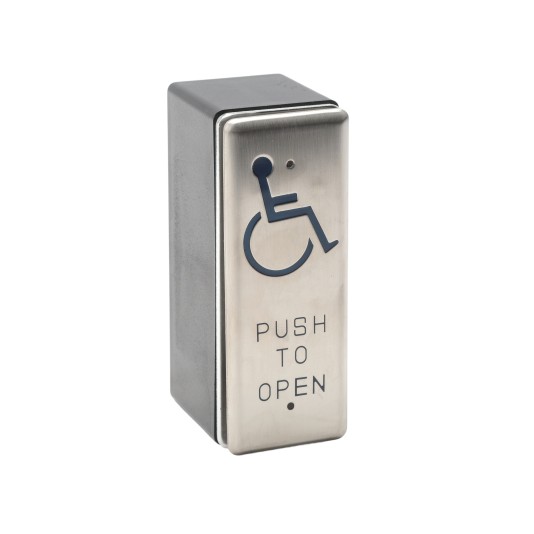 ADA Square 2" x 4" Narrow Exit Handicap Logo Pust to Open Button - Stainless Steel - Surface Mount ABS Box (Default)